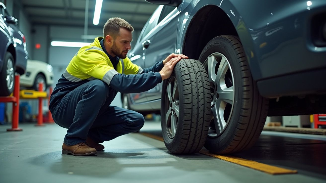 Mecânico ajoelhado a montar um pneu num carro numa oficina iluminada.
