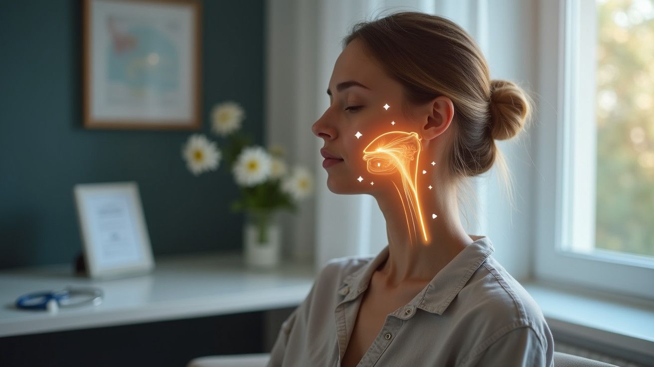 Mulher sentada com diagrama iluminado da garganta sobreposto, num ambiente doméstico iluminado pela luz do dia.