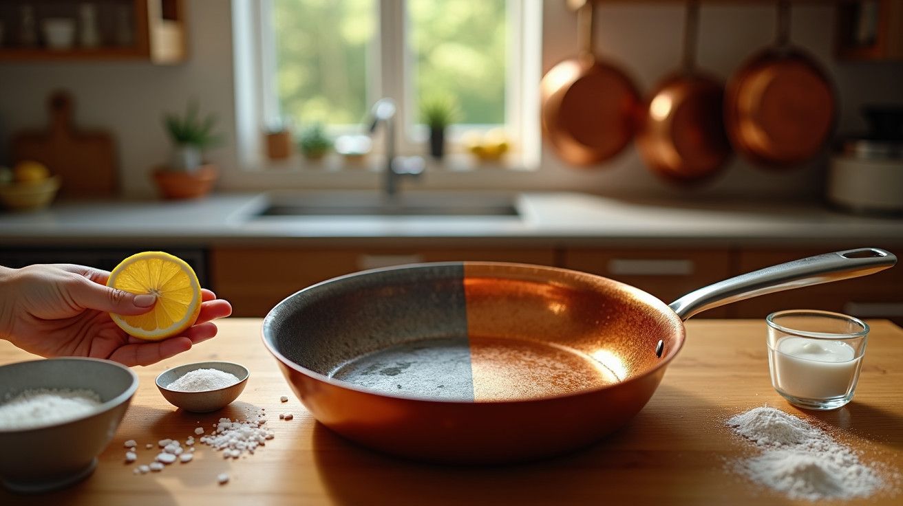Cozinha com frigideira de cobre em bancada de madeira, rodeada por ingredientes como limão, farinha e sal.