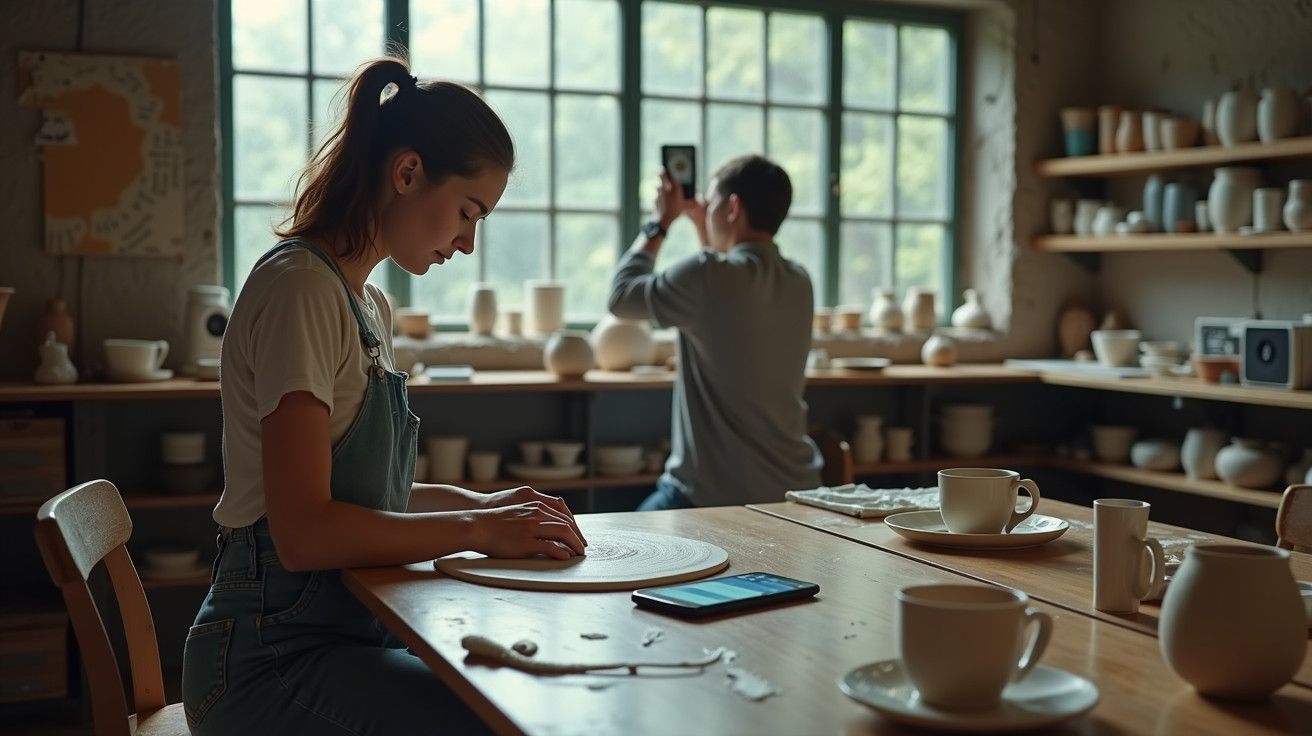 Mulher a moldar argila numa oficina de cerâmica; fundo com homem a tirar foto e prateleiras com peças.