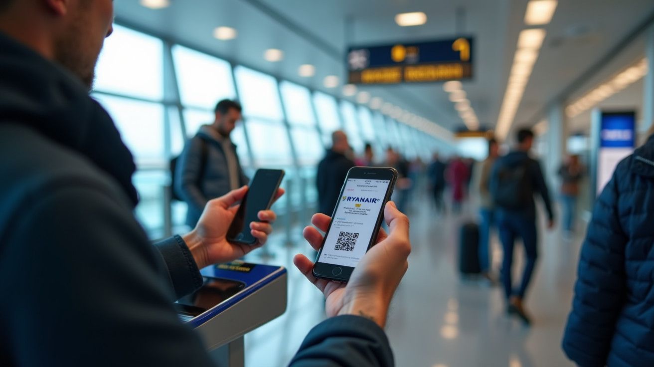 Pessoa verifica cartão de embarque num smartphone num terminal de aeroporto movimentado.