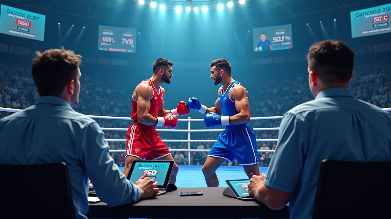 Dois pugilistas em combate num ringue, rodeados por juízes a observar e pontuar numa arena cheia.