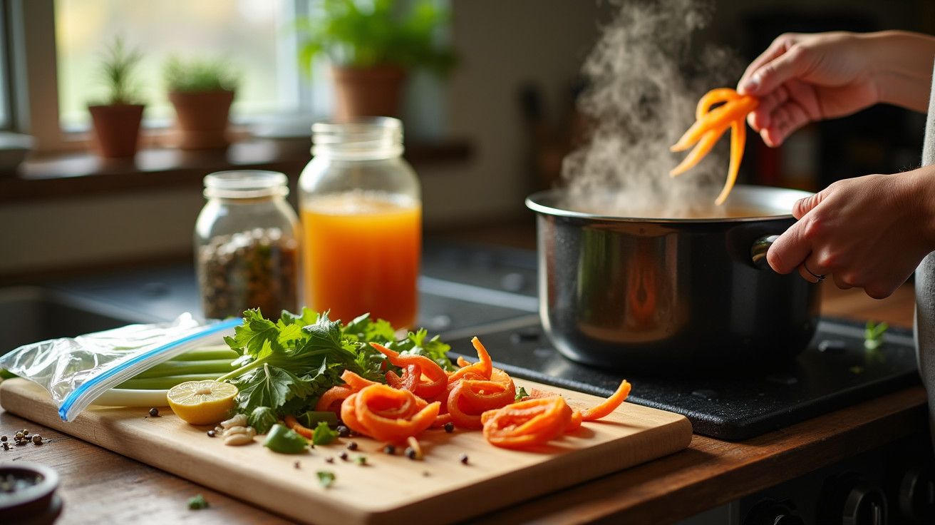 Pessoa cozinhando com pimentos laranja, tábua de cortar com legumes e ervas ao lado. Cozinha com jarras e plantas ao fundo.