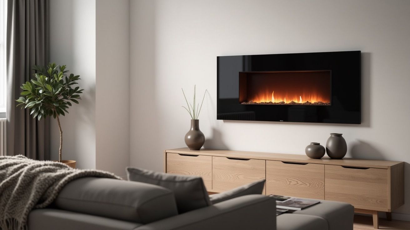 Sala moderna com lareira elétrica na parede, sofá cinza, móvel de madeira e planta decorativa ao lado da janela.