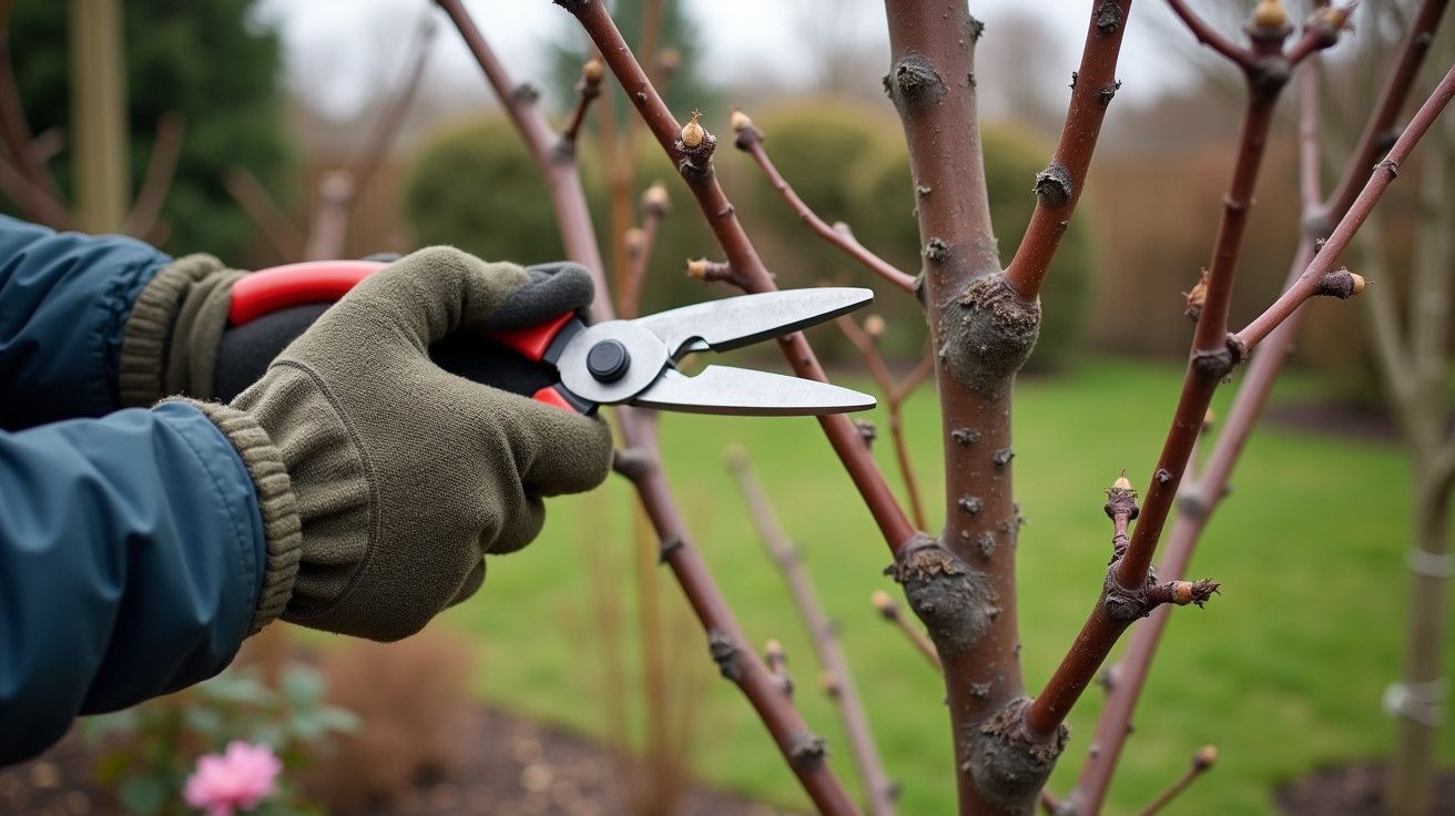 Jardinagem: pessoa com luvas corta galhos de uma árvore com tesoura de poda.
