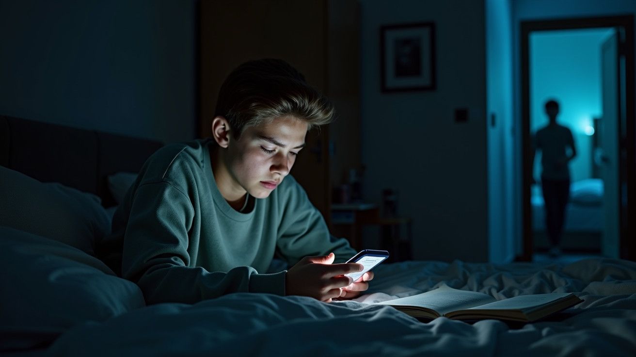 Adolescente deitado na cama, olhando para o smartphone num quarto escuro, com livro aberto ao lado.