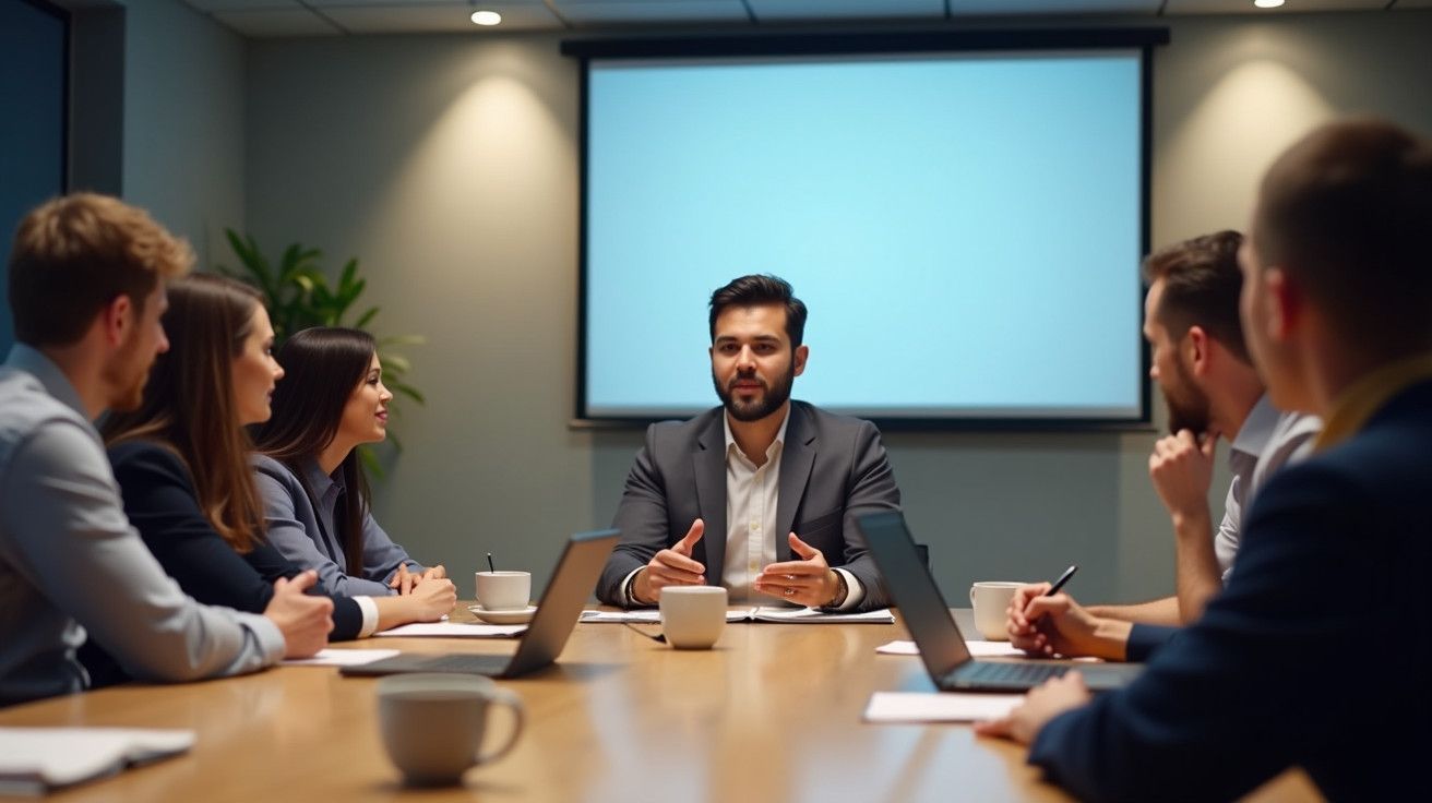 Reunião de negócios com seis pessoas numa sala, projetor ligado ao fundo, laptops e canecas sobre a mesa.