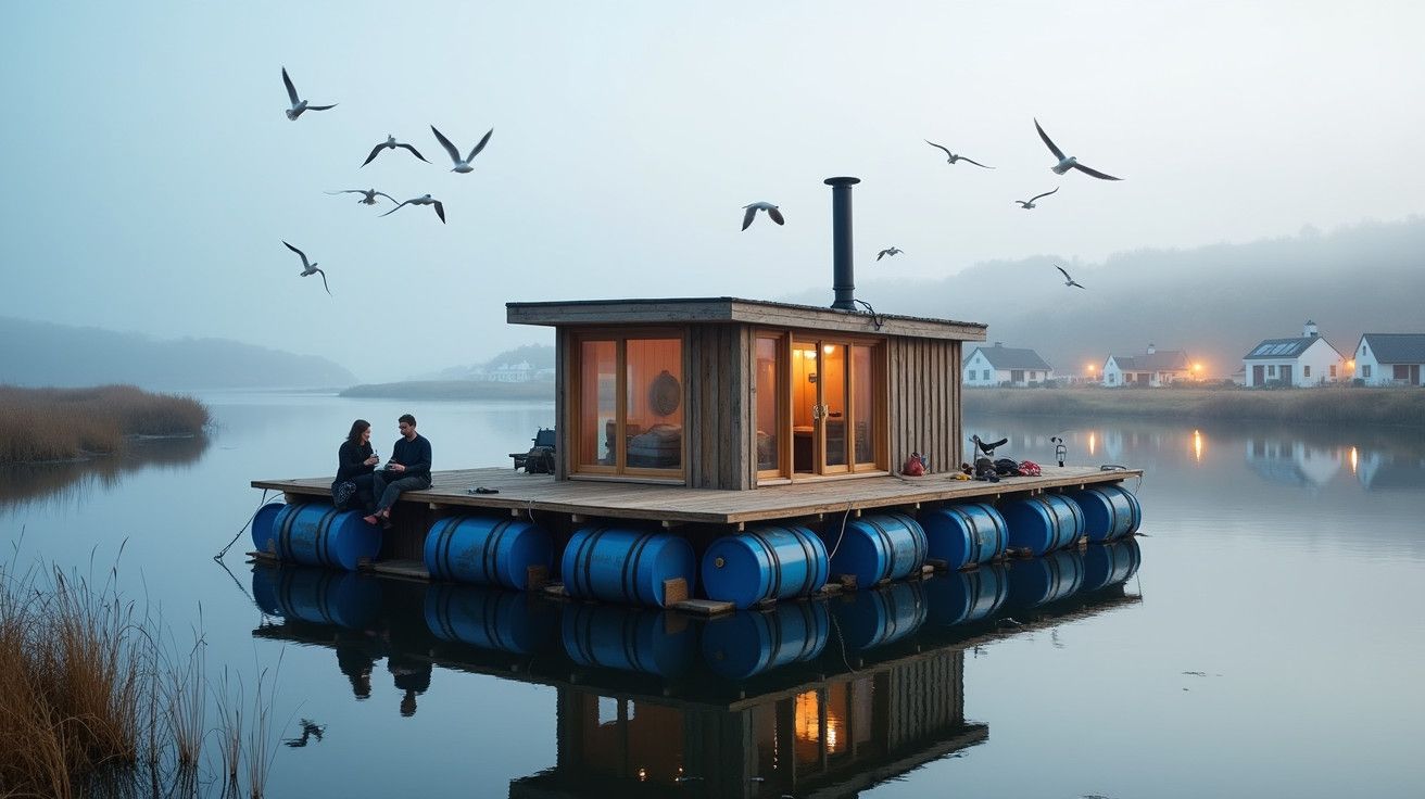 Casa flutuante iluminada ao anoitecer num lago, com gaivotas voando e duas pessoas sentadas na plataforma.