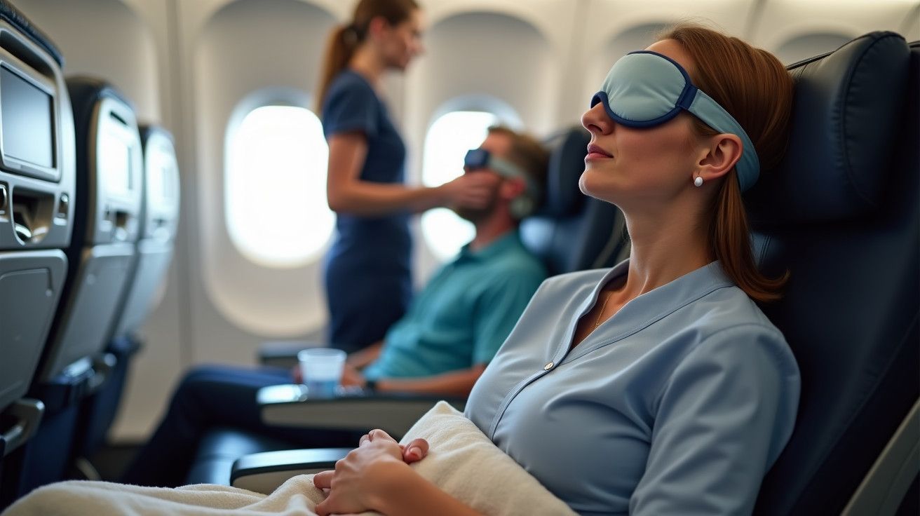 Mulher relaxa com máscara de dormir num avião, enquanto assistente de voo serve bebidas na classe executiva.