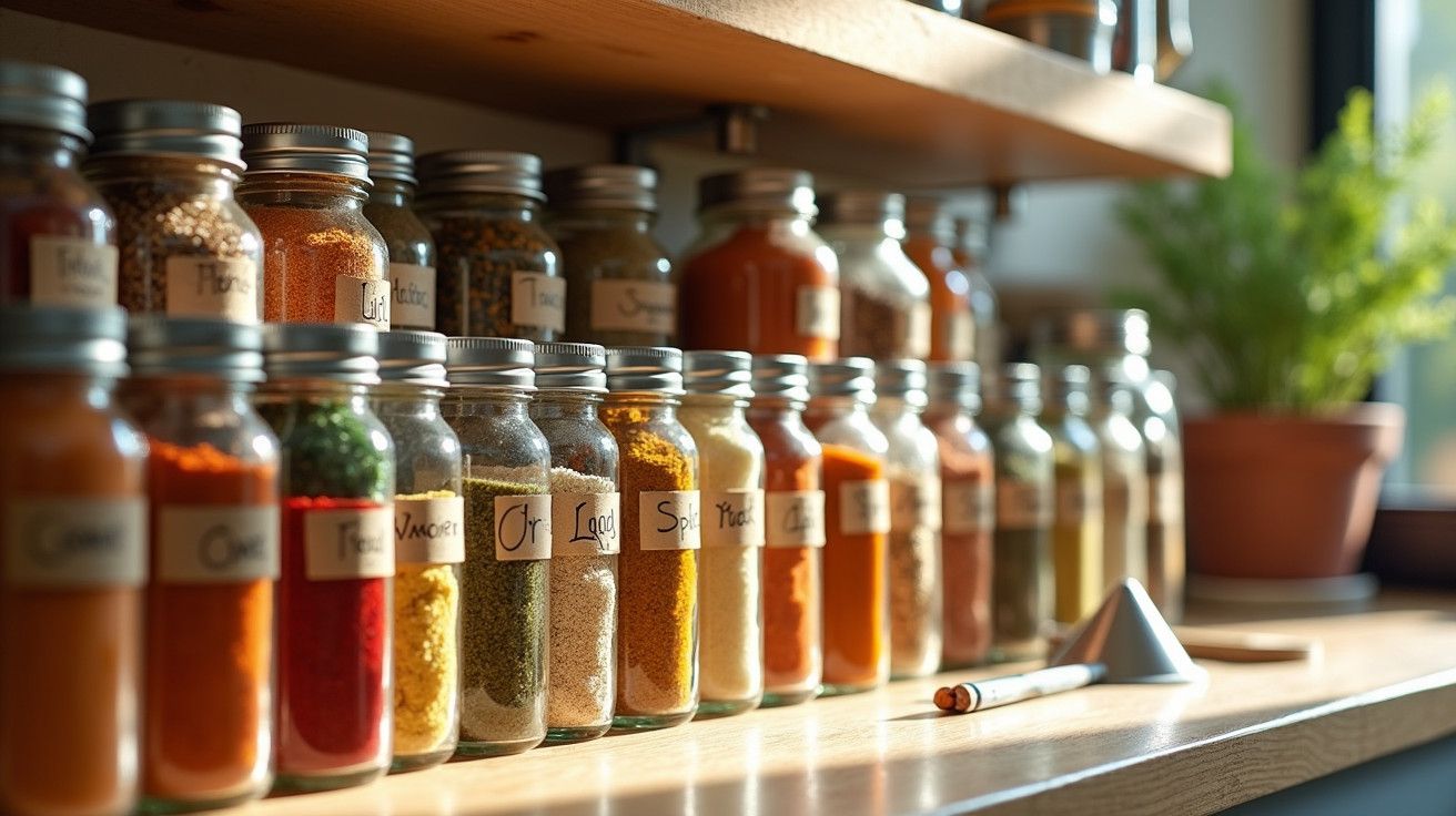 Frascos de especiarias coloridas alinhados numa prateleira de madeira, com rótulos manuscritos, e planta ao fundo.