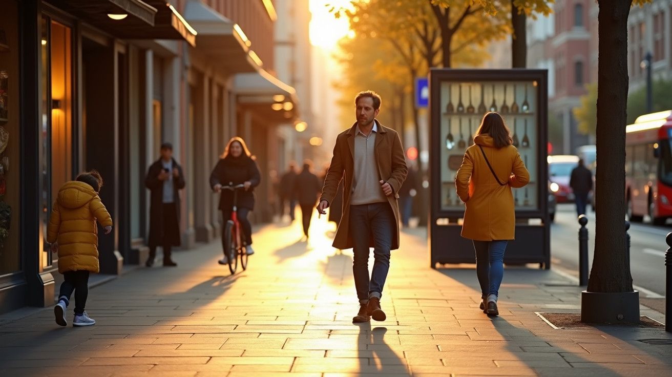 Rua movimentada ao entardecer, com pessoas a caminhar, um ciclista e árvores iluminadas pelo sol poente.