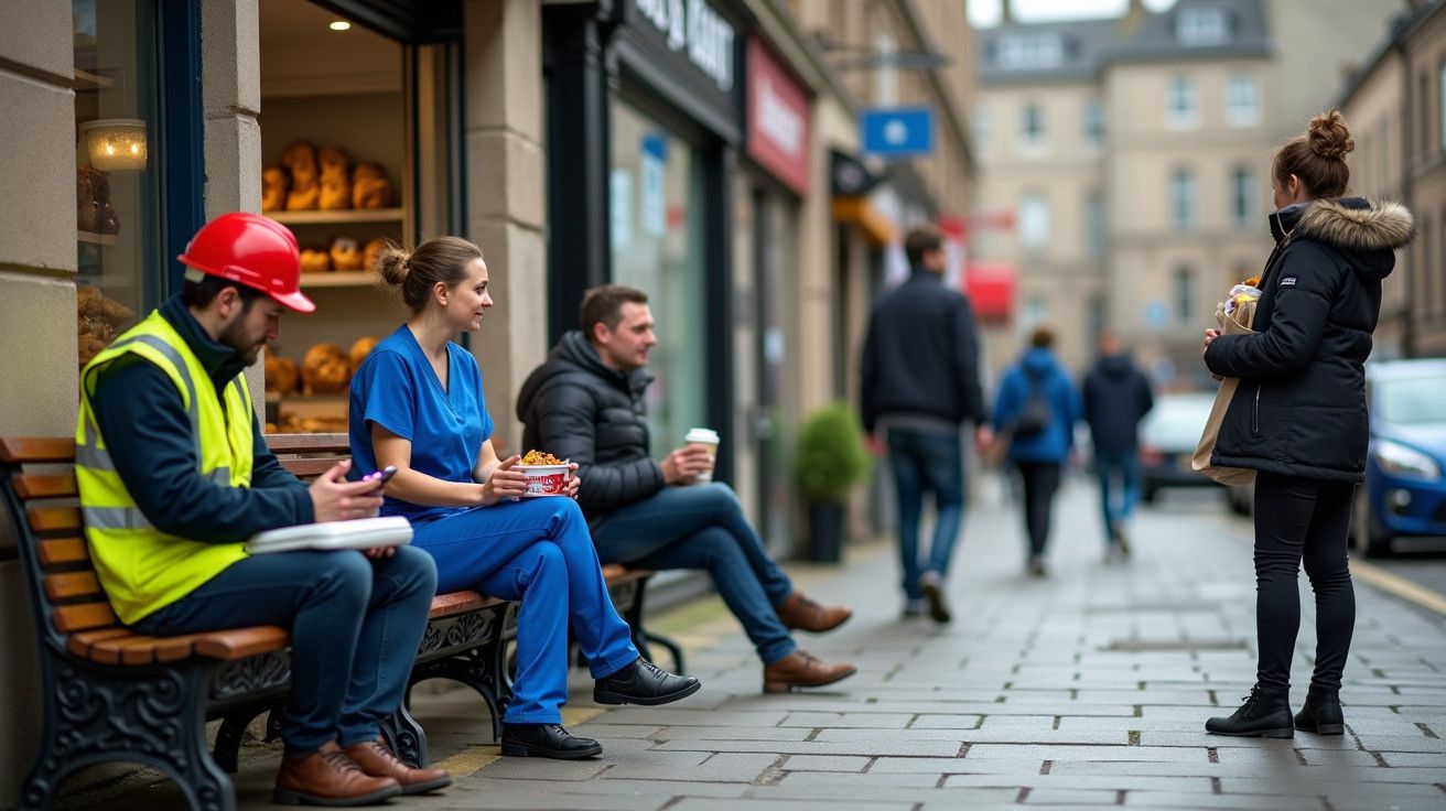 Três pessoas sentadas num banco na rua, dois homens e uma mulher, conversando enquanto uma mulher caminha com café.