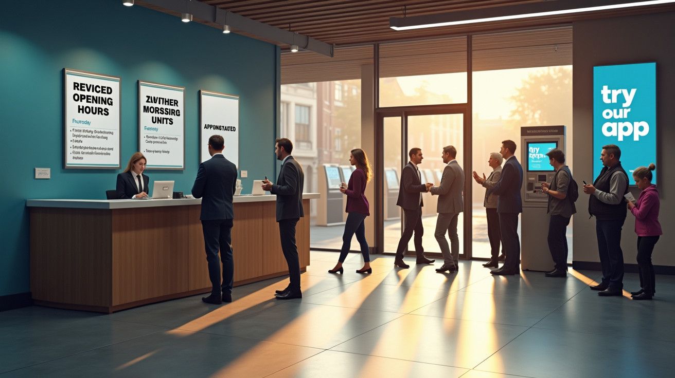 Atendimento ao cliente em loja com pessoas em fila, balcão de atendimento e cartazes informativos na parede.