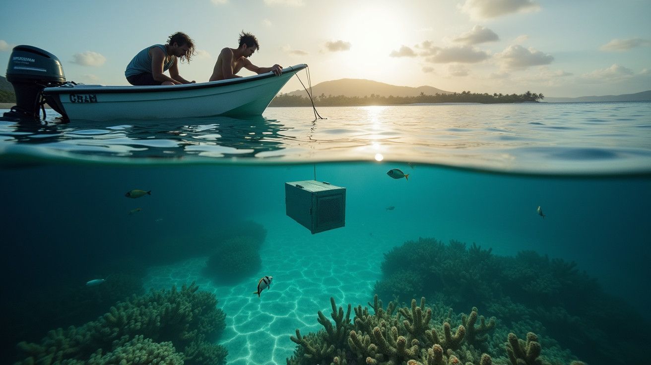 Dois pescadores num barco sobre recife de coral e caixa submersa, ao pôr do sol.