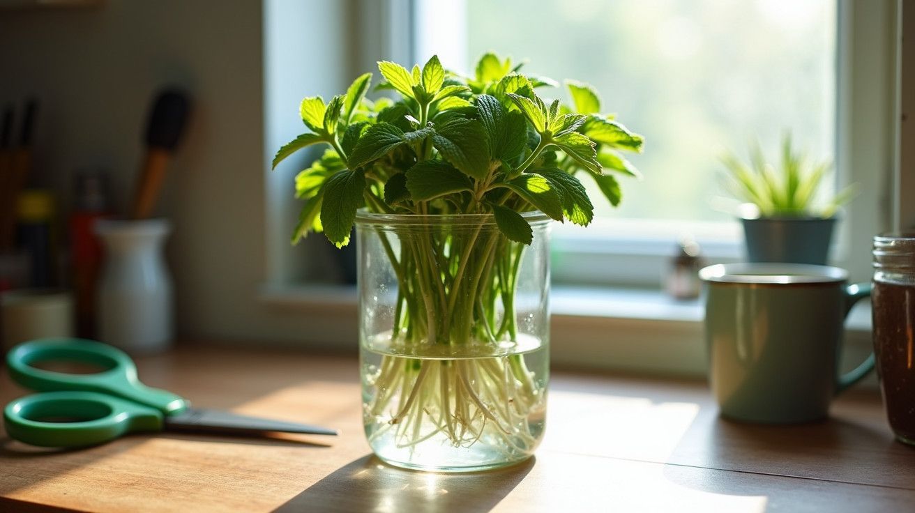 Vaso com mudas de plantas em água numa iluminação natural, sobre a mesa junto a uma tesoura e uma caneca.