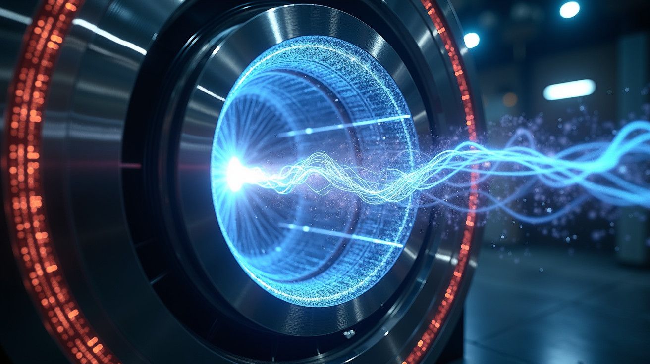 Dispositivo circular metálico com energia azul brilhante a emanar do centro num ambiente futurista.