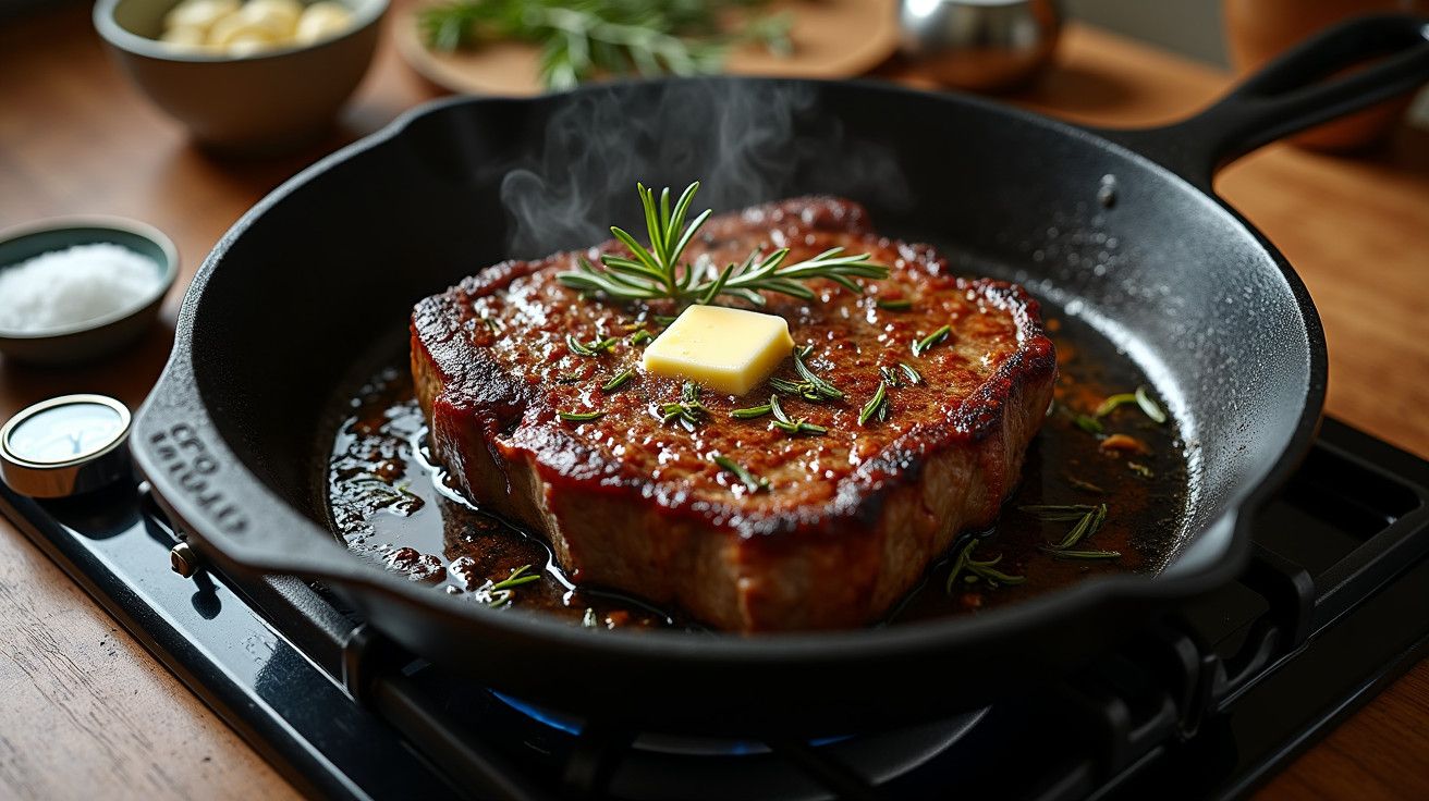Bife suculento com manteiga e alecrim numa frigideira de ferro quente, em bancada de madeira.
