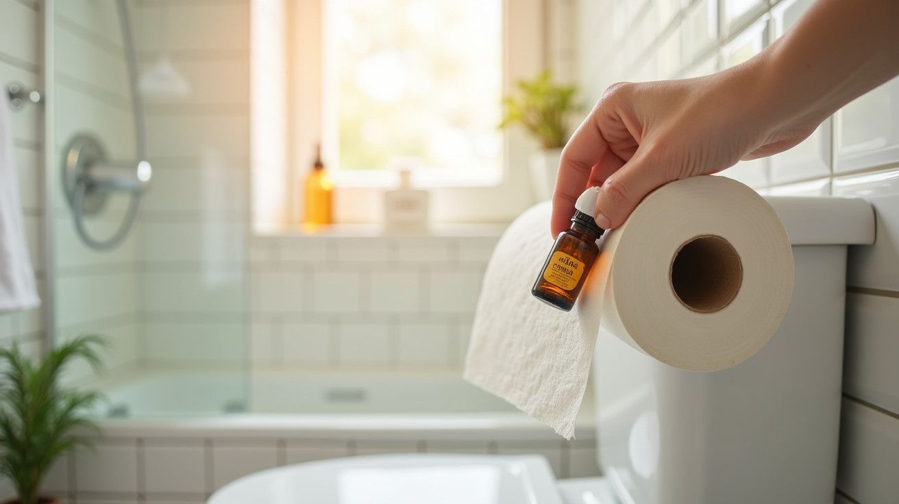 Mão segurando frasco de óleo essencial e rolo de papel higiénico numa casa de banho iluminada.