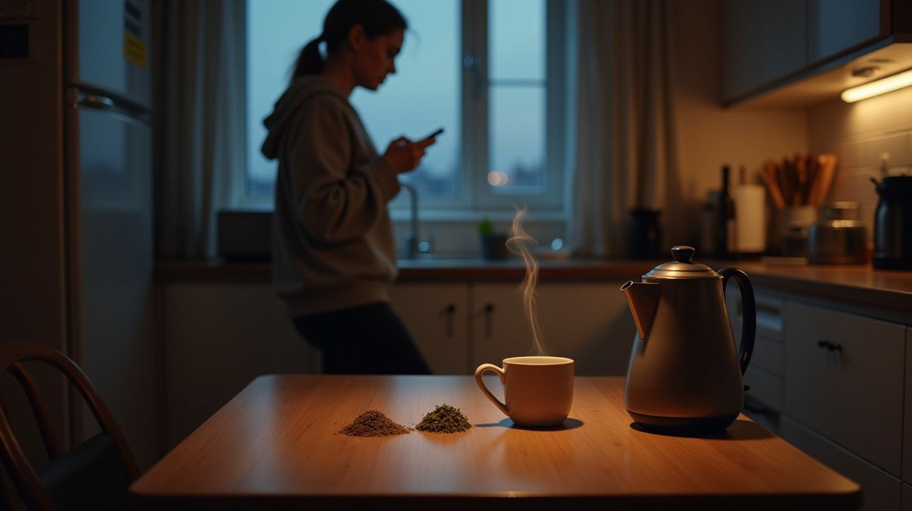 Mesa com chávena de chá quente e bule; pessoa ao fundo na cozinha com smartphone.