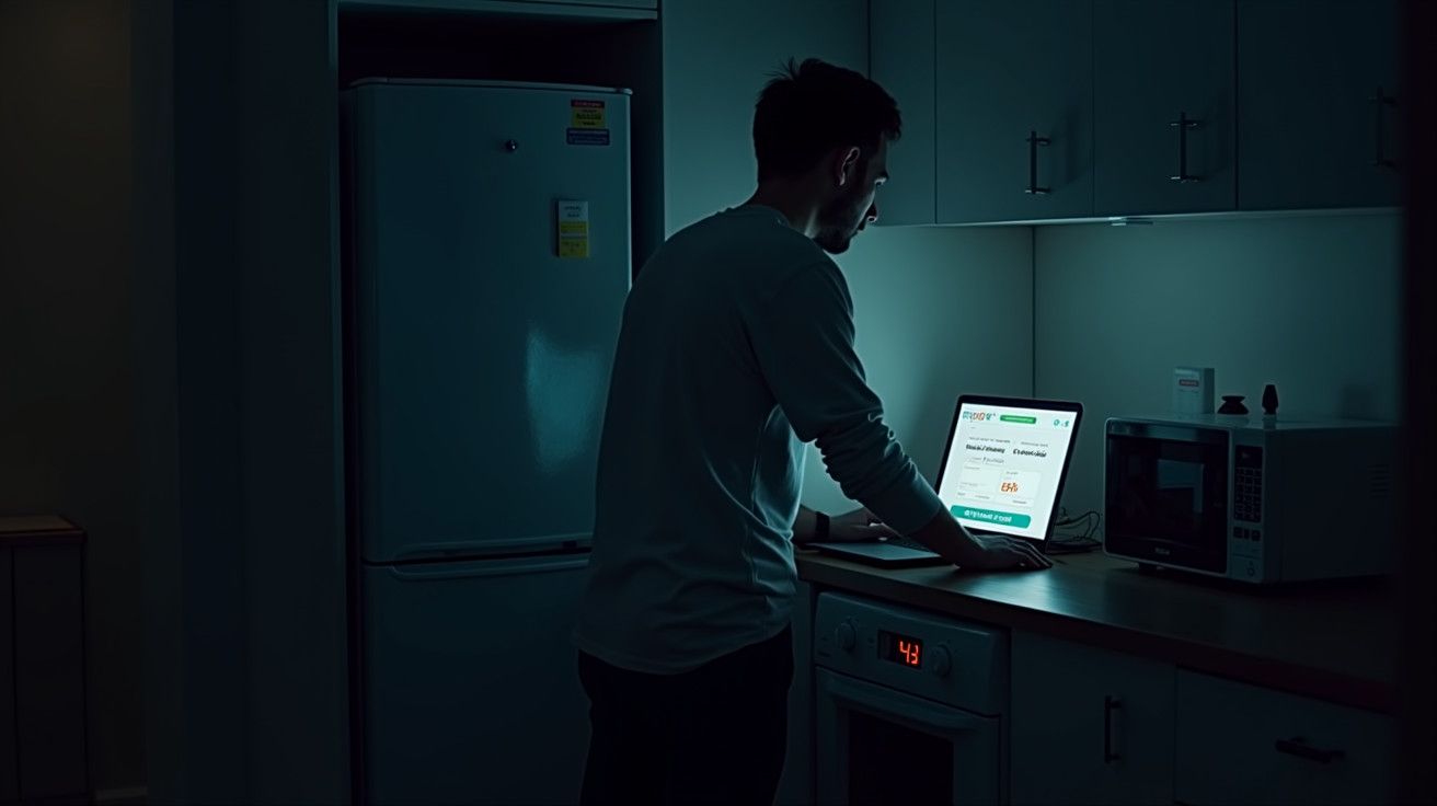 Homem de pé na cozinha escura, usando o portátil na bancada com luz da tela a iluminar o rosto.