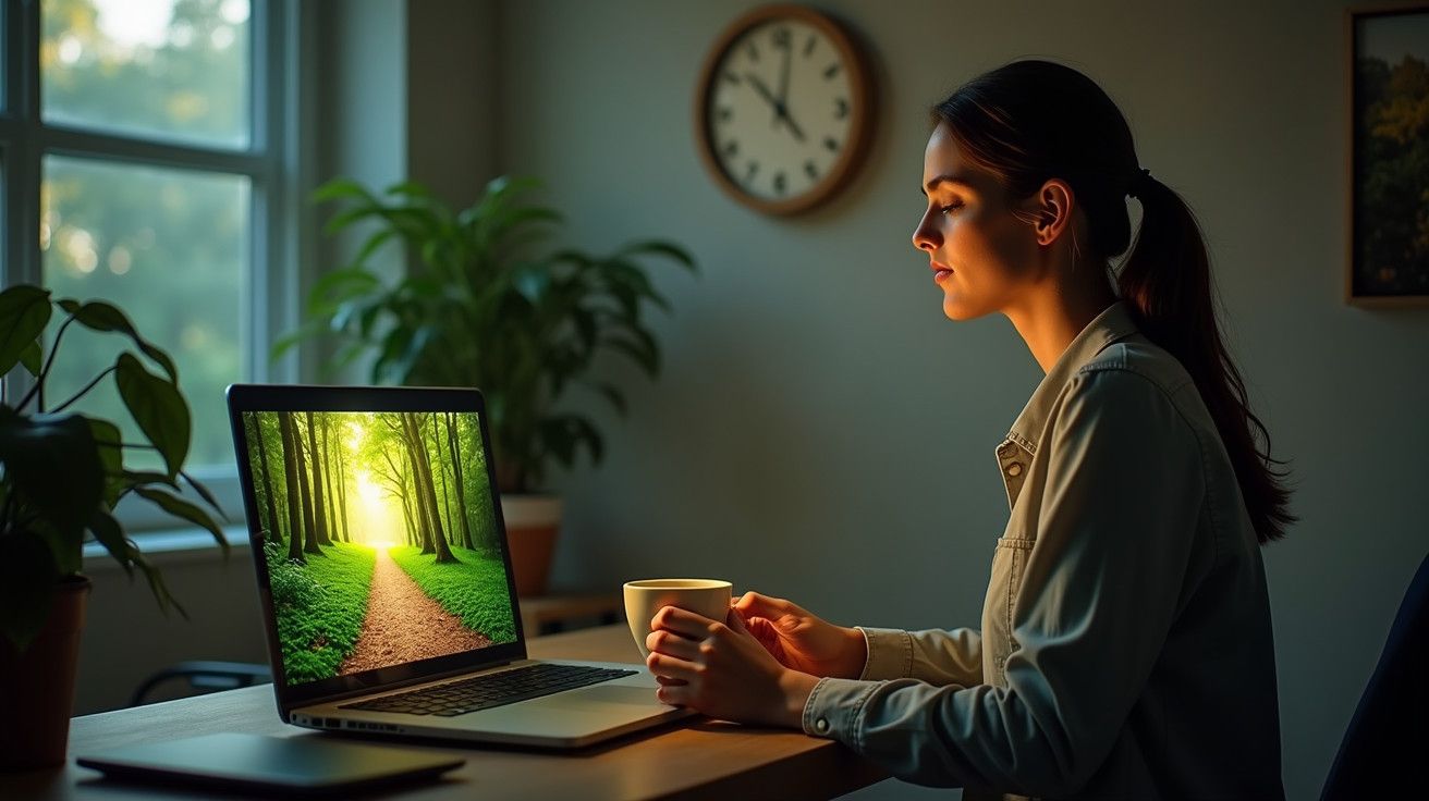 Mulher sentada à mesa com portátil e chá, cenário de floresta no ecrã, relógio e plantas no fundo.