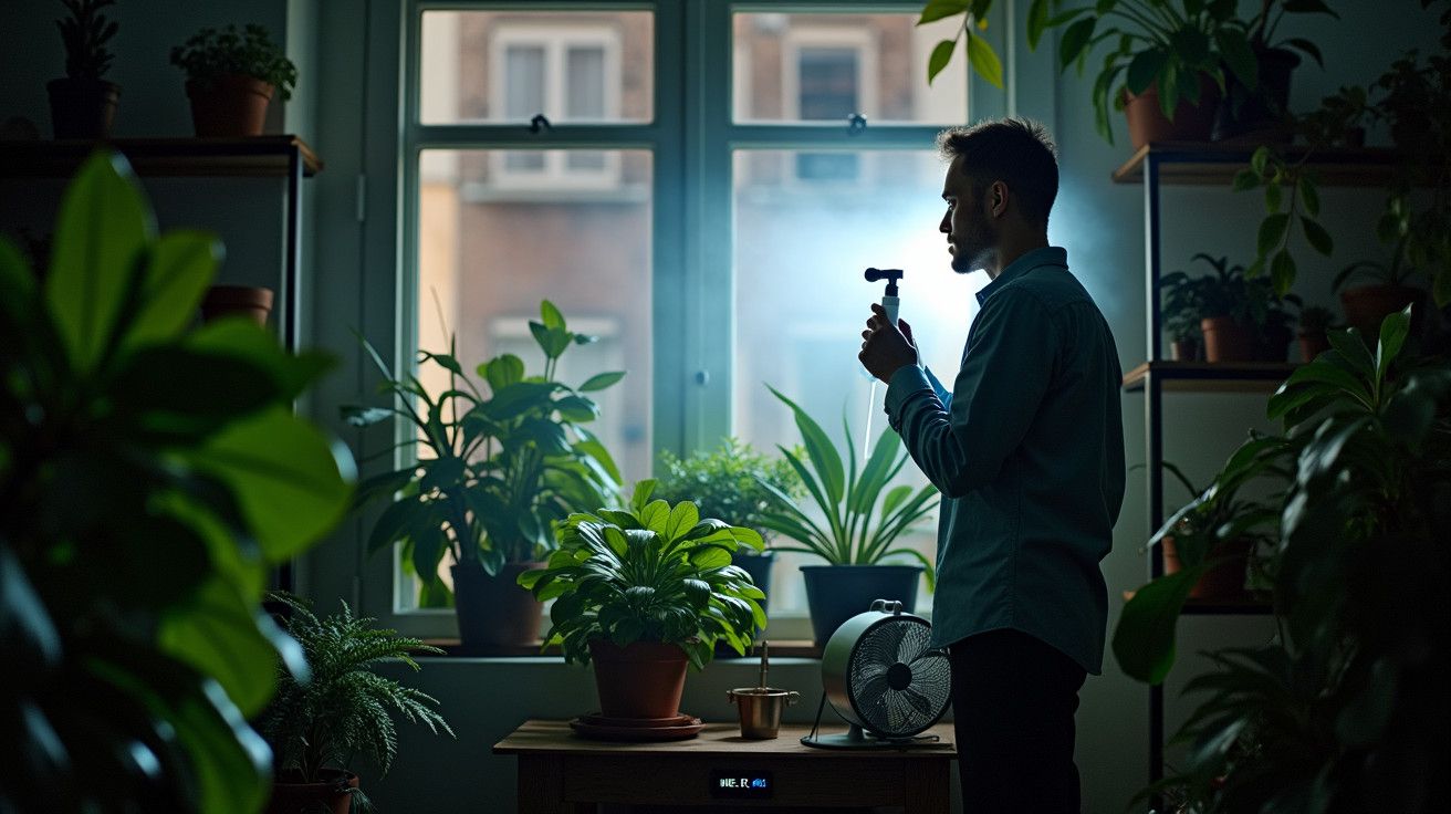 Homem em sala com plantas, segurando um pulverizador, junto a uma janela iluminada.