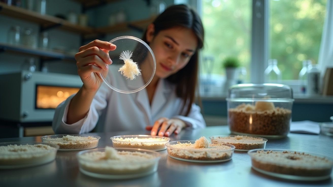 Cientista feminina trabalha com culturas em placas de Petri num laboratório, examinando amostras sob a luz.