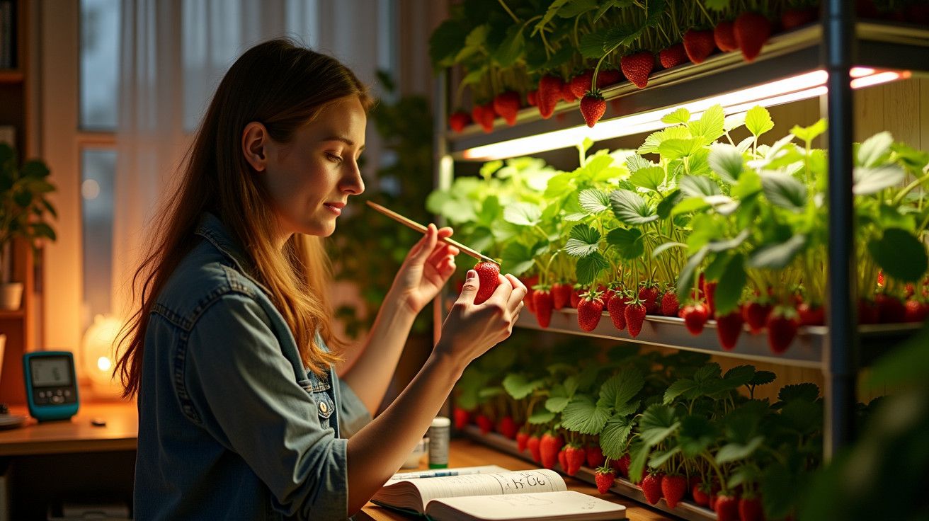 Mulher jovem cuida de morangueiros sob luz artificial num ambiente interior, com bloco de notas à frente.