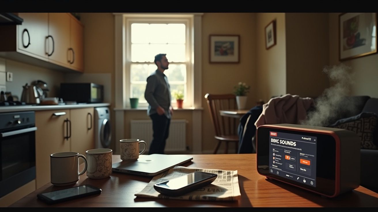 Homem em pé na cozinha; mesa com chávenas, telemóvel e rádio a vapor ao lado.