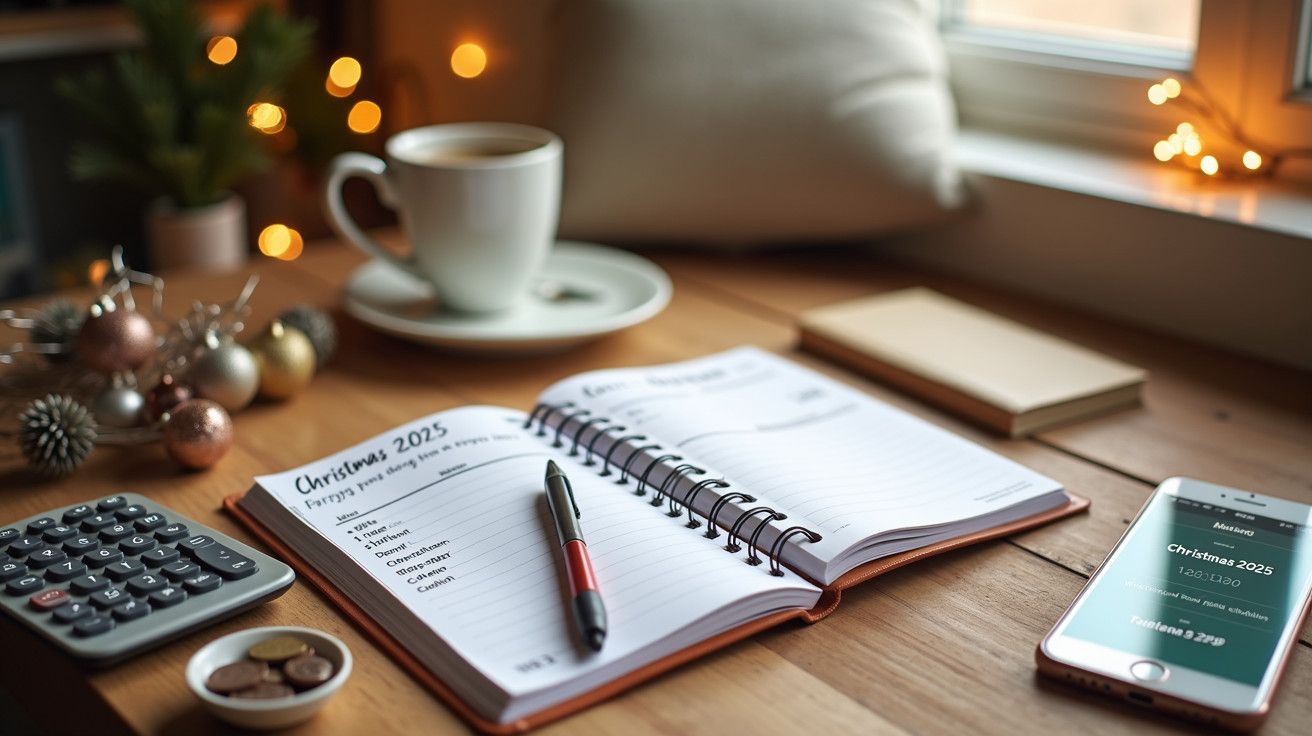 Mesa com caderno de 2025 aberto, caneta, chávena de café, decoração natalícia, calculadora e telemóvel ao lado de janela.