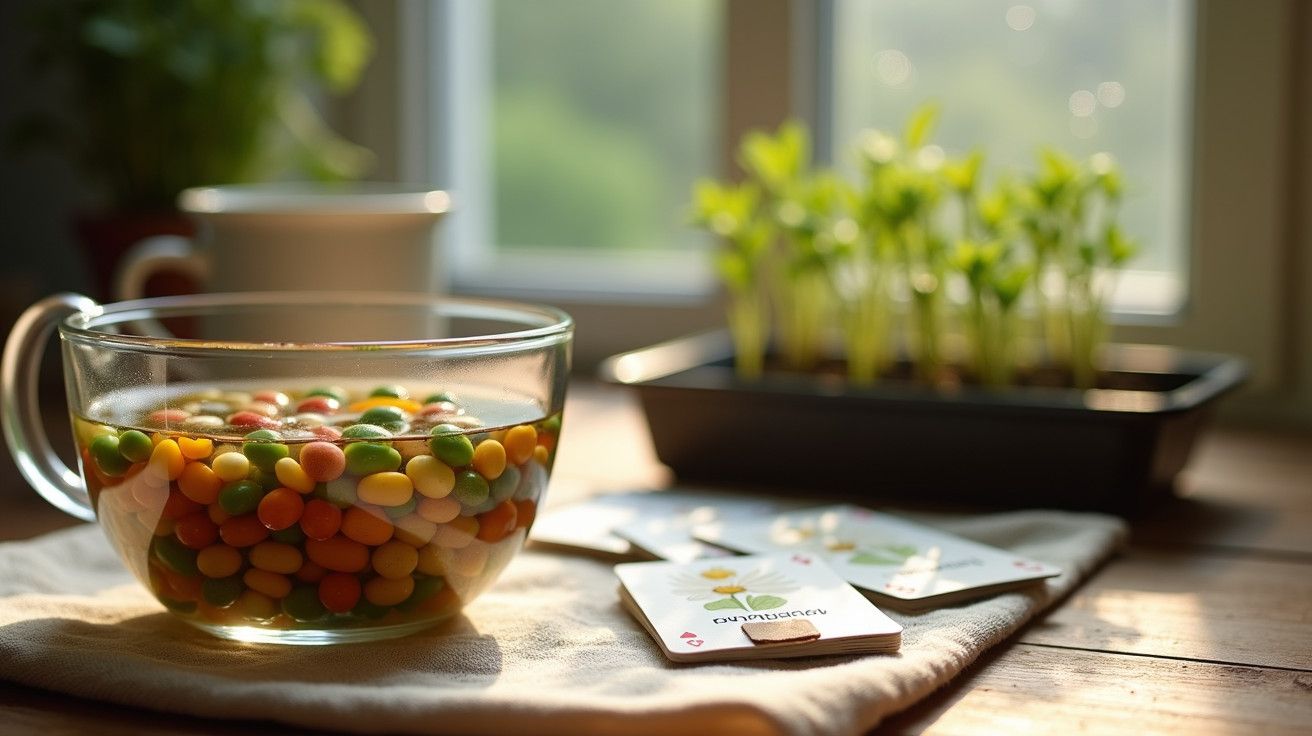 Taça transparente com sementes coloridas em água, ao lado de pacotes de sementes e plantas jovens à janela.