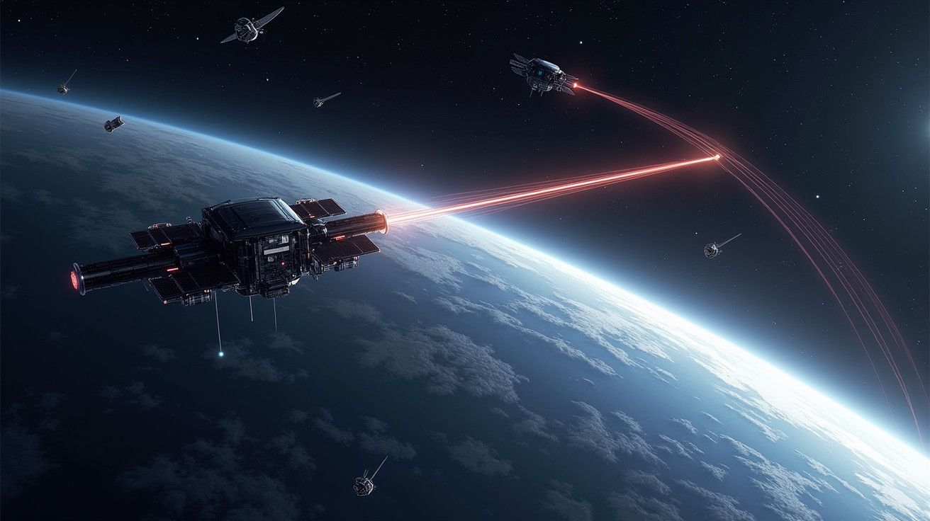 Naves espaciais em órbita da Terra disparando lasers vermelhos no espaço.