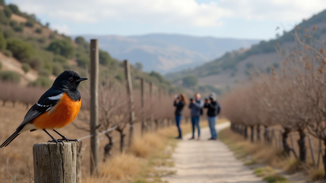 Pássaro em poste num caminho rural, com três pessoas ao fundo e colinas no horizonte.