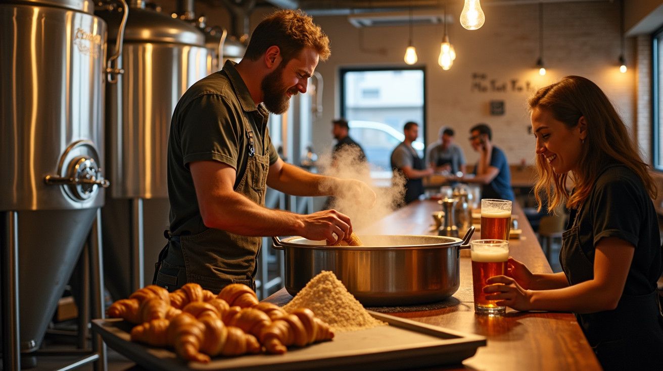 Homem cozinha em panela grande numa cervejaria; mulher ao lado com copo de cerveja. Pão e farinha na mesa.