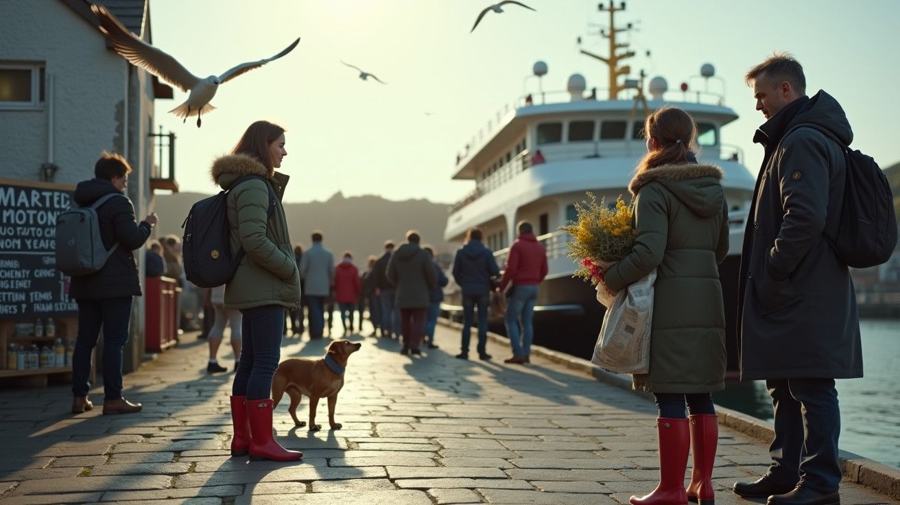 Pessoas caminham num cais, com um cão e gaivotas ao redor, enquanto um ferry atraca ao fundo sob luz do entardecer.