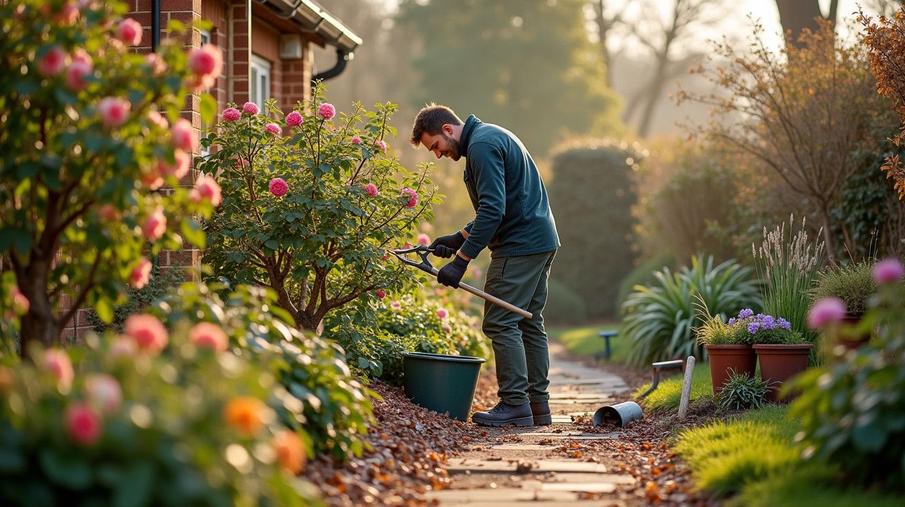 Homem de jardinagem a podar arbustos floridos num jardim ensolarado junto a um caminho de pedra e vasos de flores.