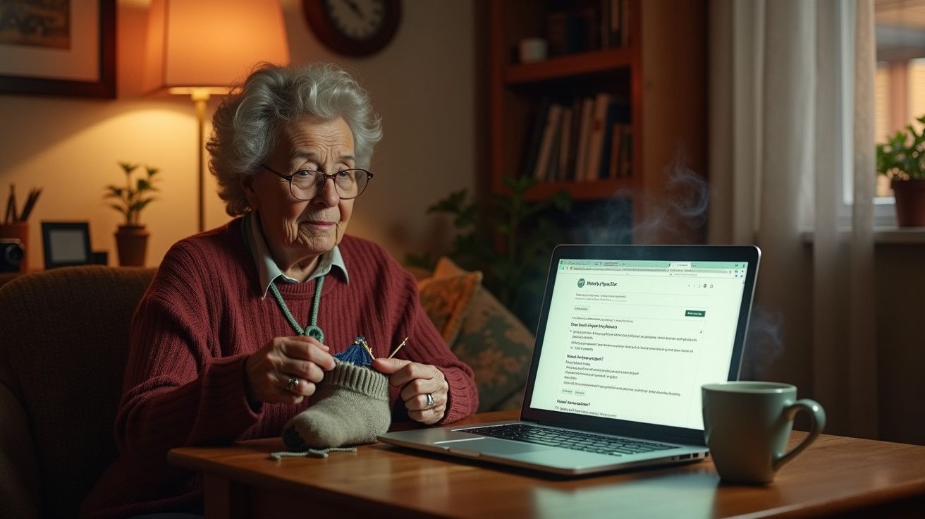 Idosa de cabelos grisalhos a tricotar ao lado de um portátil numa sala acolhedora, com uma chávena de café ao lado.