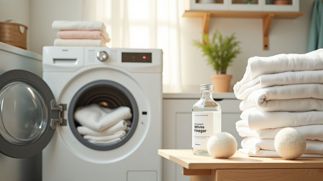 Máquina de lavar roupa aberta com toalhas brancas, vinagre e bolas de lã numa lavanderia iluminada.
