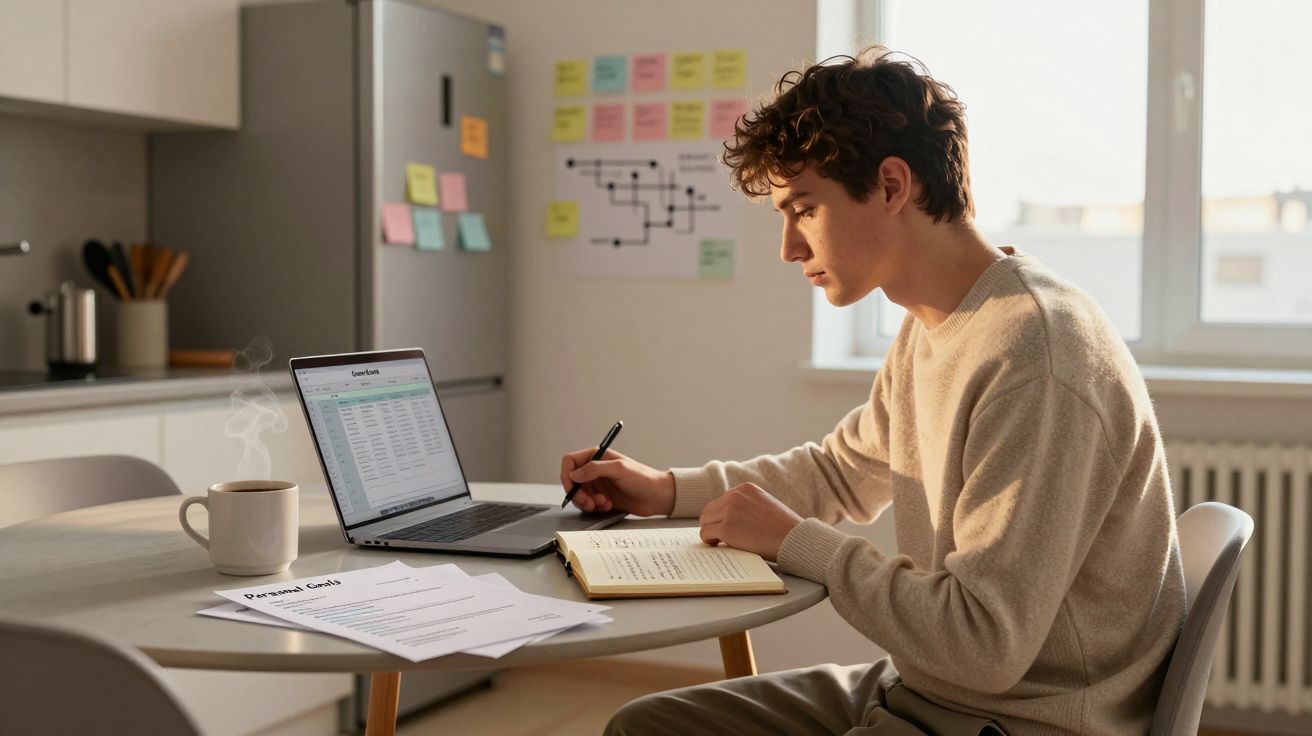Jovem a estudar numa cozinha, usa portátil e escreve num caderno, com chávena de café e papéis na mesa.