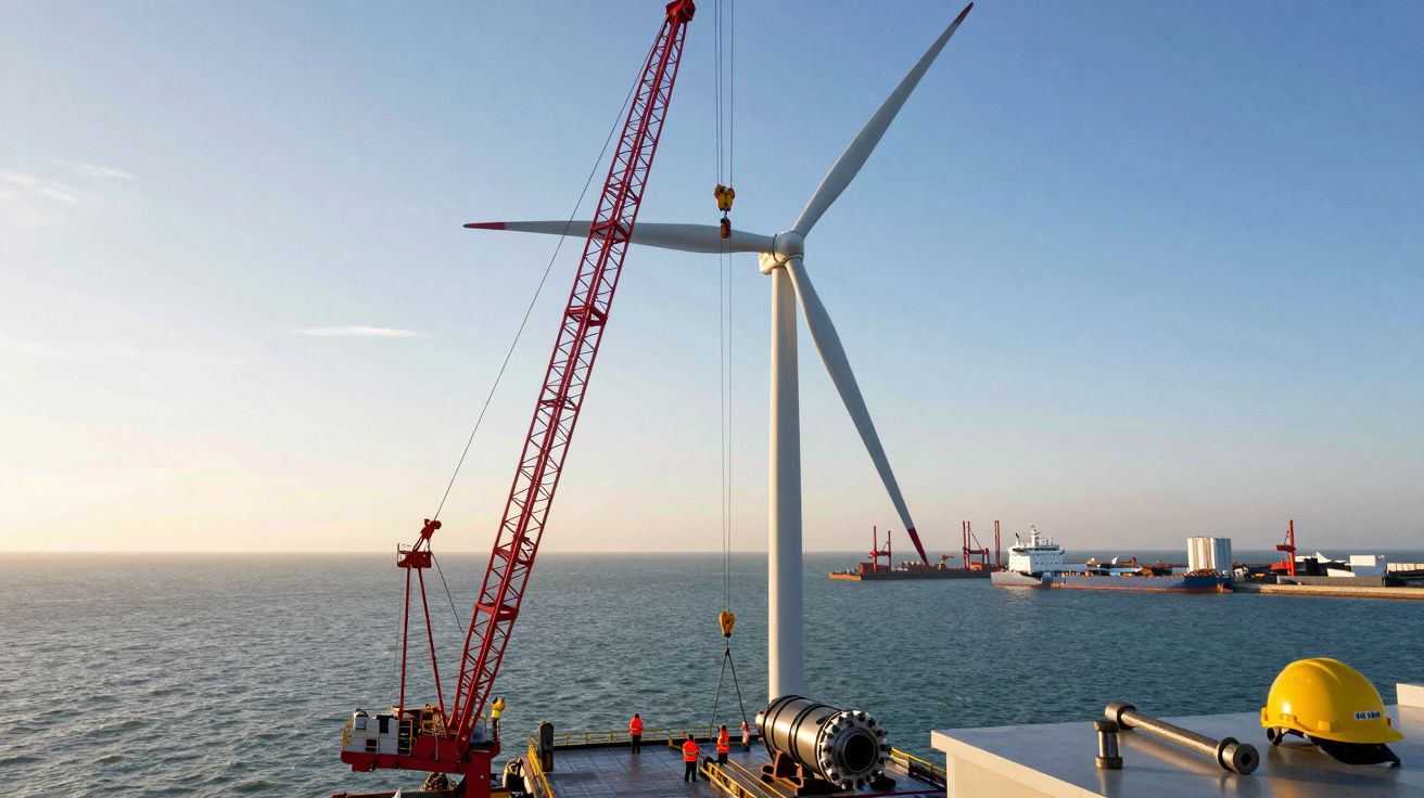 Turbinas eólicas num campo deserto sob céu azul, com terreno árido ao redor.
