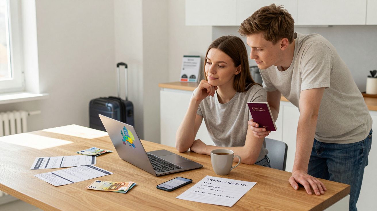 Casal planeia viagem em casa, com laptop, malas, passaporte, lista de viagem e dinheiro sobre a mesa.