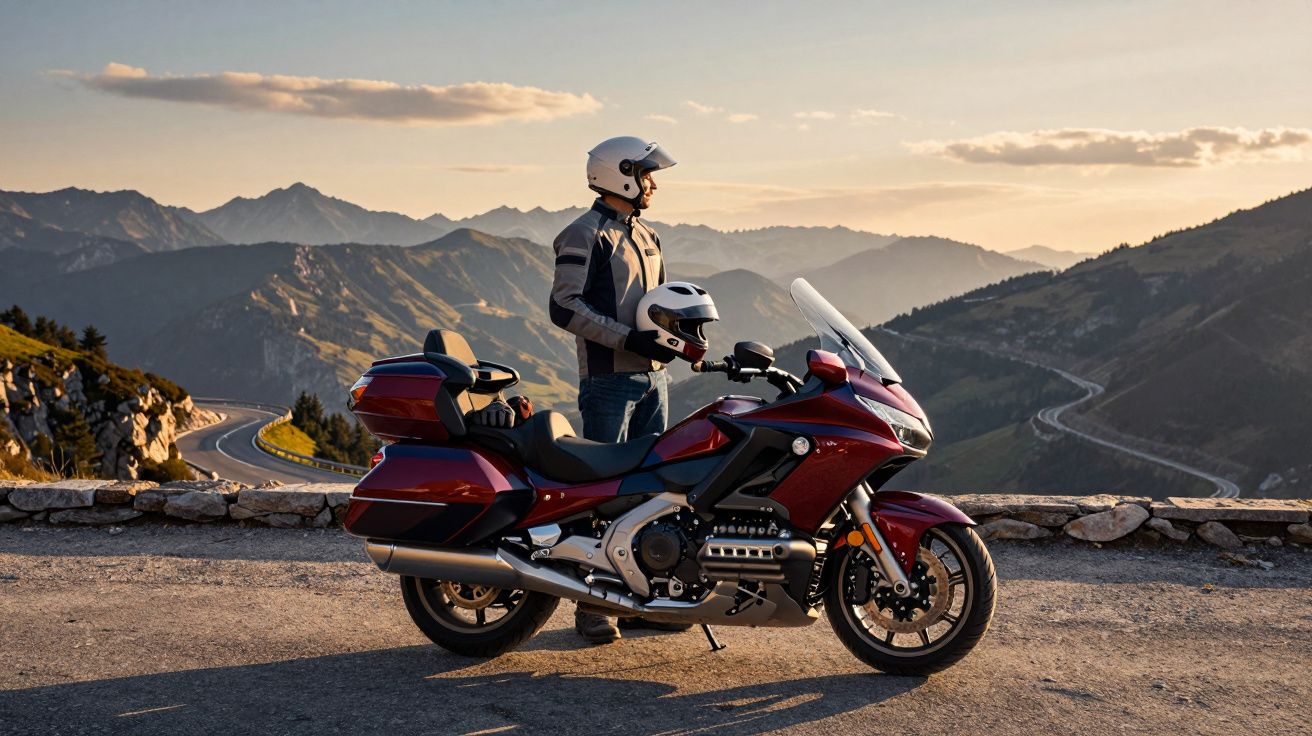Homem com capacete ao lado de motocicleta vermelha, observando montanhas ao entardecer.