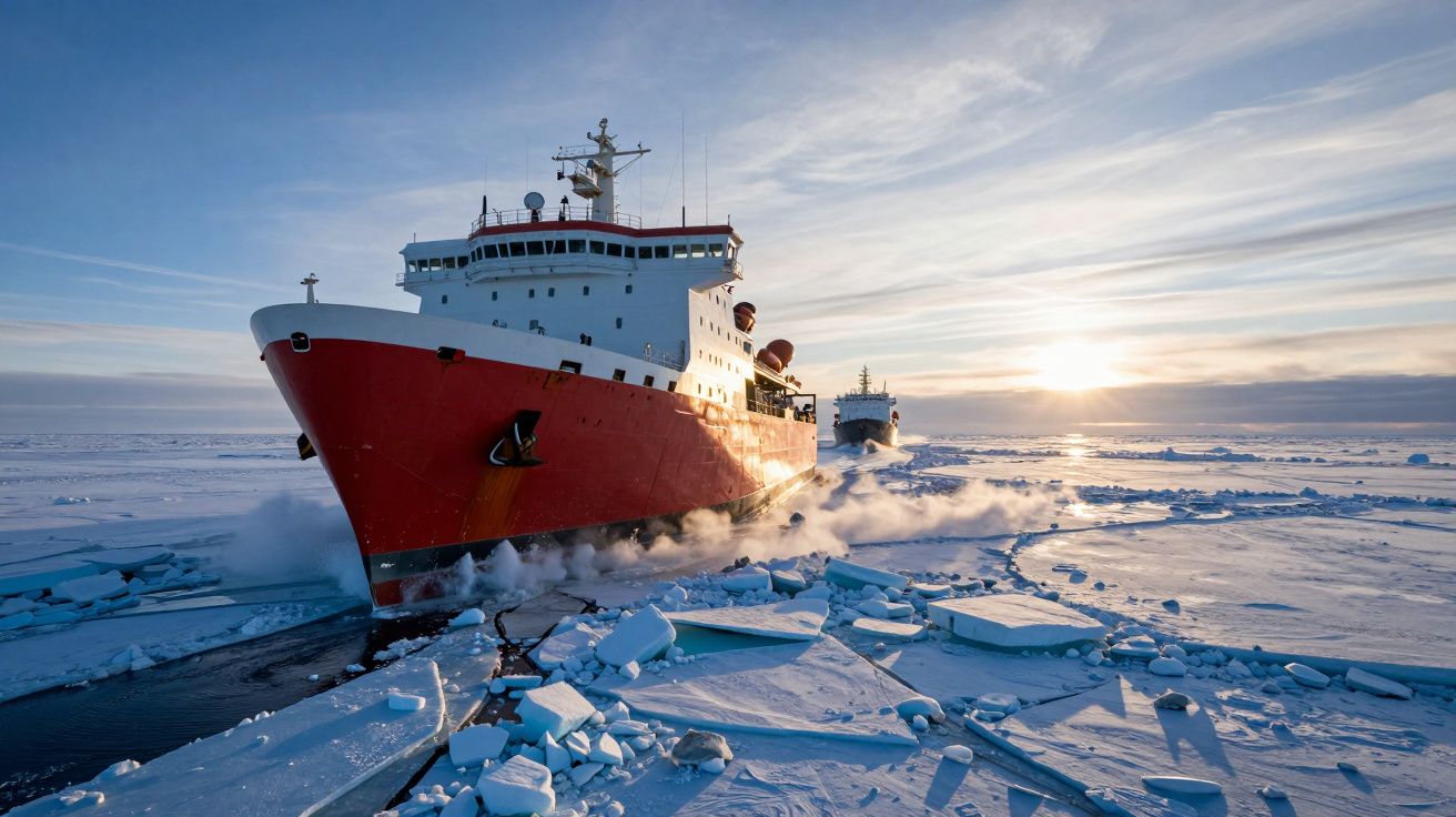Navio quebra-gelo avançando através de água congelada no Ártico, com céu azul ao fundo e sol baixo no horizonte.