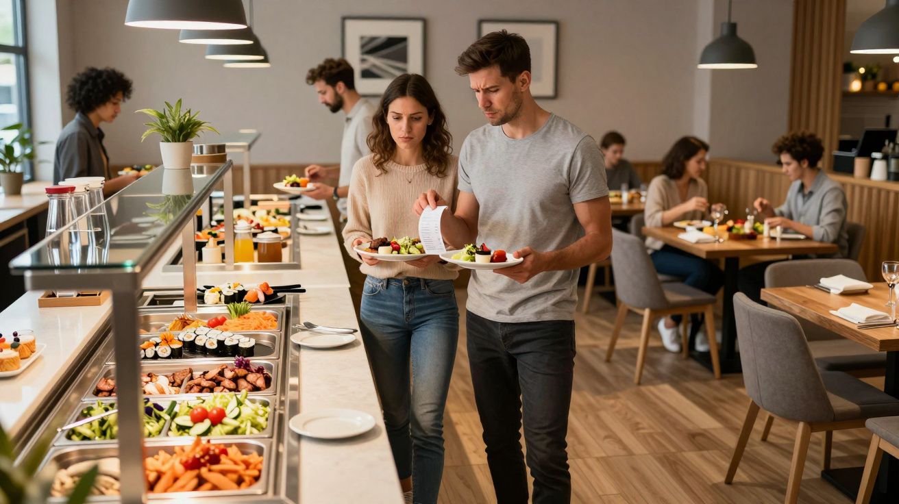 Pessoas servem-se em bufê de restaurante com variedade de alimentos, como saladas e sushi, em ambiente moderno e acolhedor.