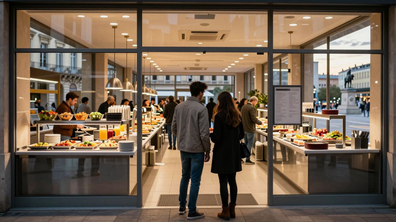 Pessoas entrando num restaurante iluminado, com várias mesas de buffet expostas, rodeadas por outros clientes.