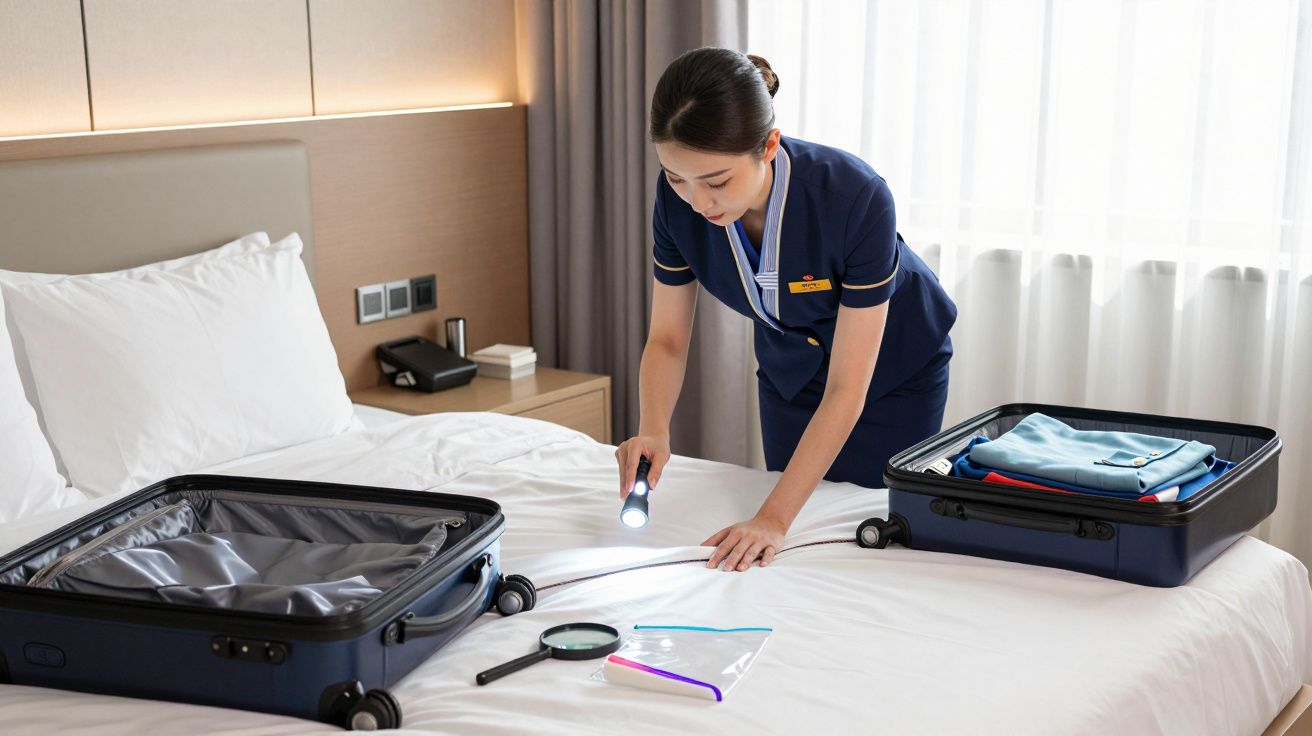 Empregada de hotel arruma cama e verifica telemóvel, com malas de viagem ao lado e luz suave de candeeiro na mesa.