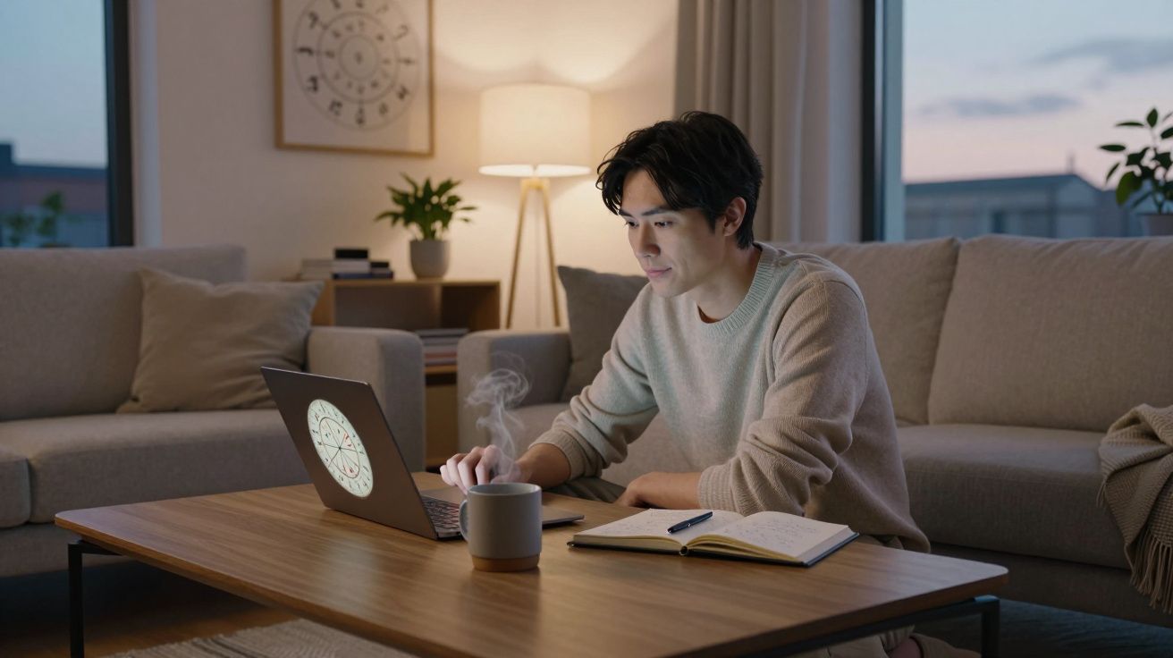 Homem sentado num sofá a trabalhar num portátil, com uma chávena e caderno na mesa. Sala iluminada e decorada.