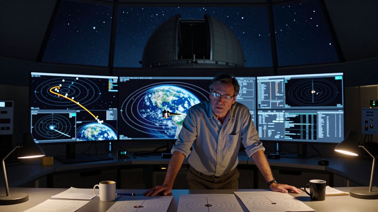 Homem em observatório estuda trajetórias de planetas em monitores. Telescópio ao fundo e céu estrelado visível.