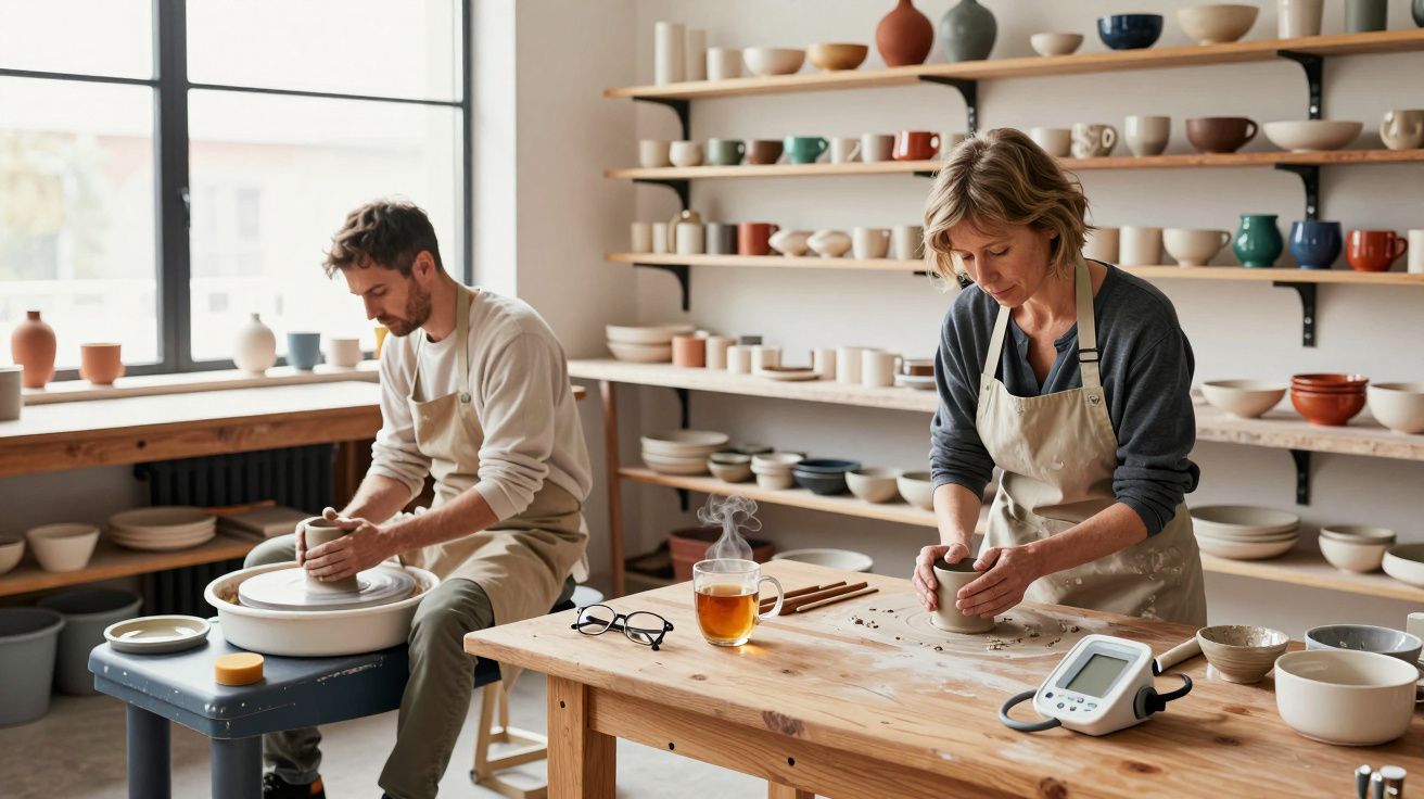 Duas pessoas moldam cerâmica numa oficina iluminada, com prateleiras de peças acabadas ao fundo e chá na mesa.