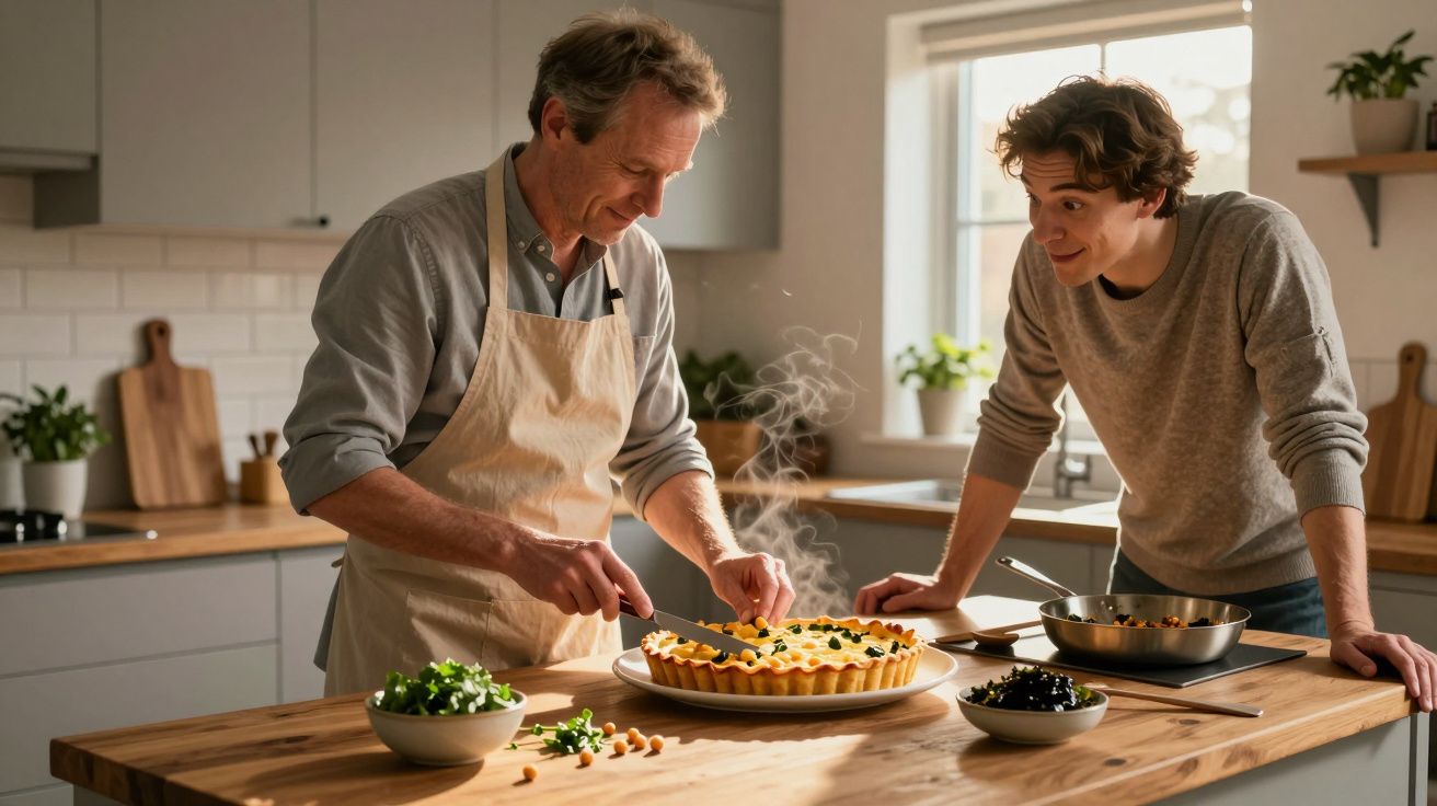Homem mais velho corta tarte fresca enquanto jovem observa na cozinha iluminada pelo sol.